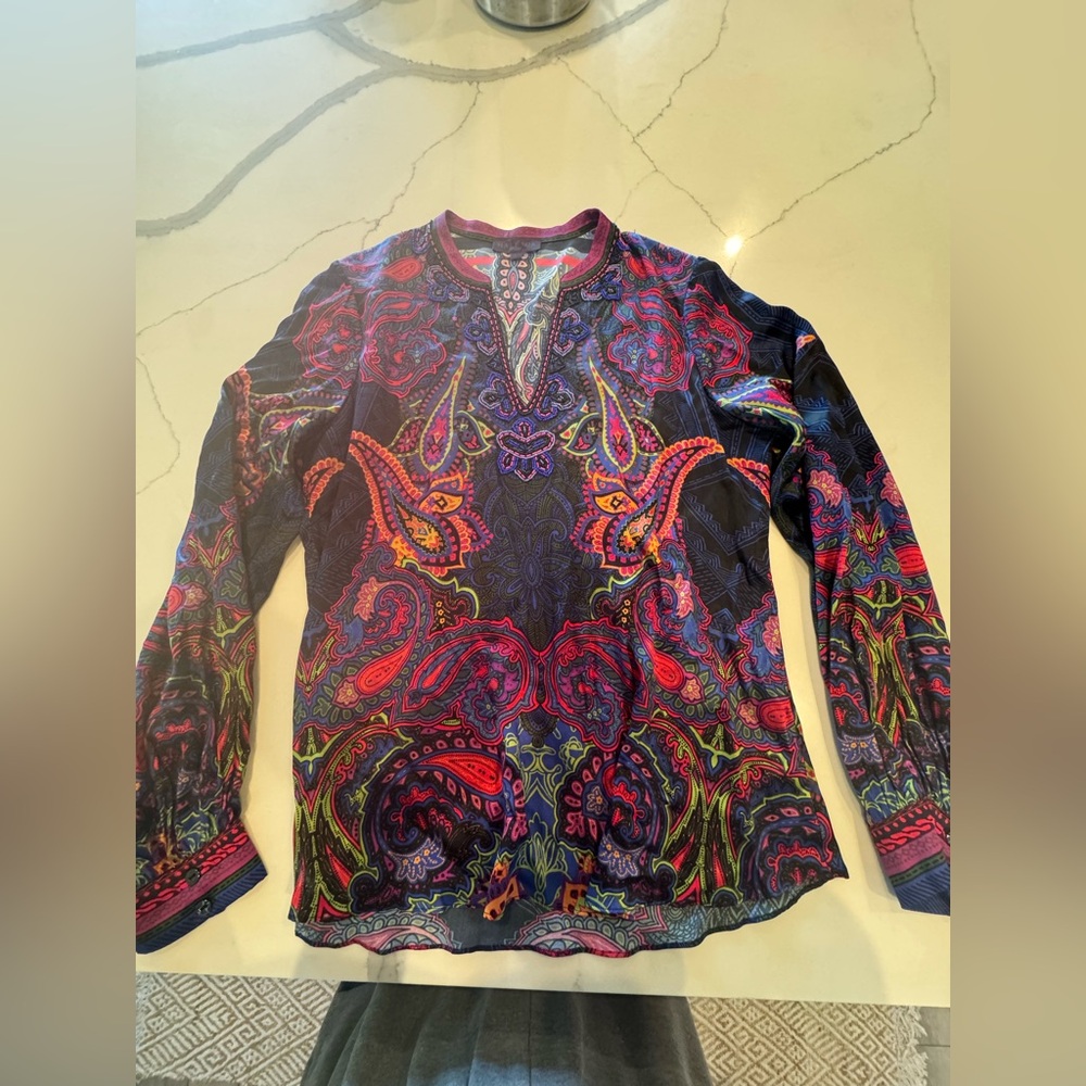 Hale Bob - Multicolor Paisley-Print Beaded Top - Size L